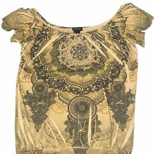 Vintage 90s/Y2K Woman Rue 21 Green Paisley/Henna Off Shoulder Top